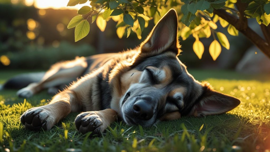 a senior dog sleeping peacefully in a garden